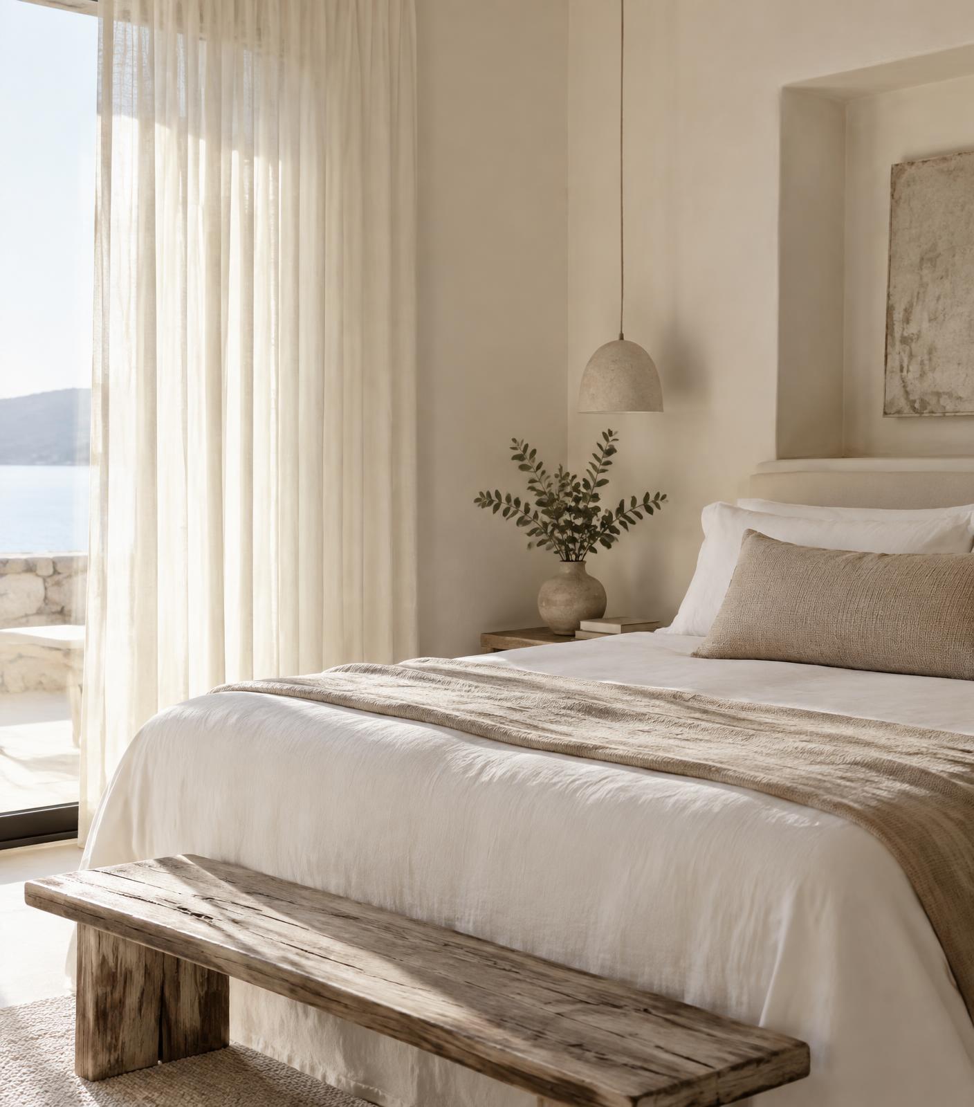 Calm boutique bedroom with warm white linens and soft morning light