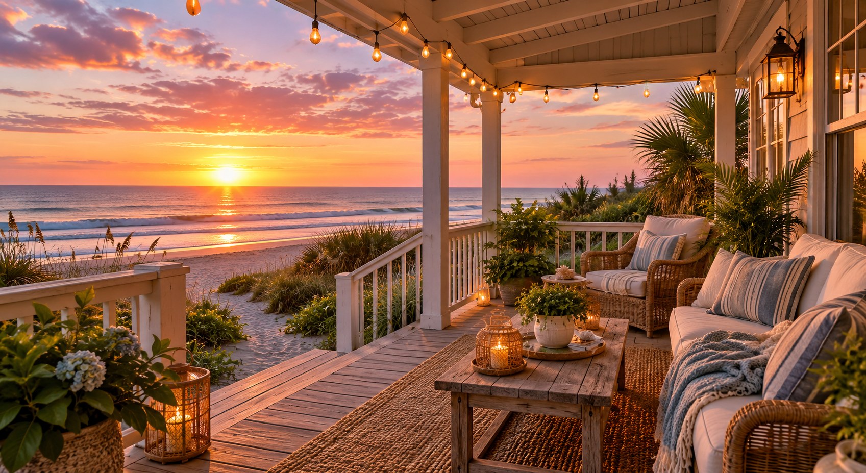 Cozy coastal bungalow porch overlooking the ocean at sunset